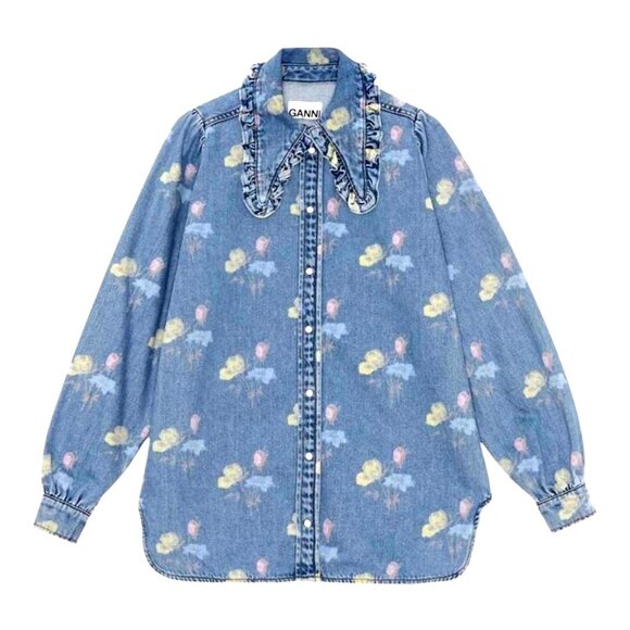 Ganni Printed Indigo Frill Collar Shirt Womens Size 44 US 14 Cottagecore Femme - Picture 1 of 13